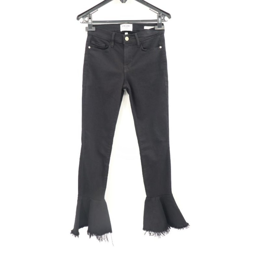 frame women's 25 le skinny de jeanne flounce raw edge black cotton blend jeans